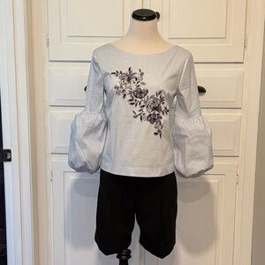 White House Black Market Striped Blouse with Floral Design